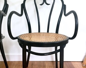 Black Cane Bentwood Thonet Style Armchairs, 2 Available, ZGM Radomsko Chairs, Made in Poland, Cafe Chairs, 2 Available, Mid Century