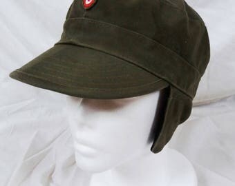 Vintage Austrian army cap beret military hat bundesheer olive khaki baseball peaked ear flaps