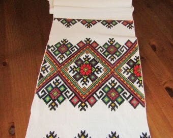 Antique Romanian , Ukrainian , Moldavian hand embroidered traditional towel, decorative textile, homespun center table code 4