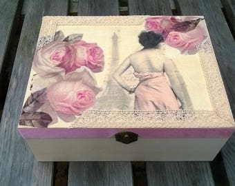 Large Size- Keepsake Box- Memory Box- Recipe Box- Jewellery Box- Storage Box- Wooden Box- Pink Roses- Paris Scene- Gift Box