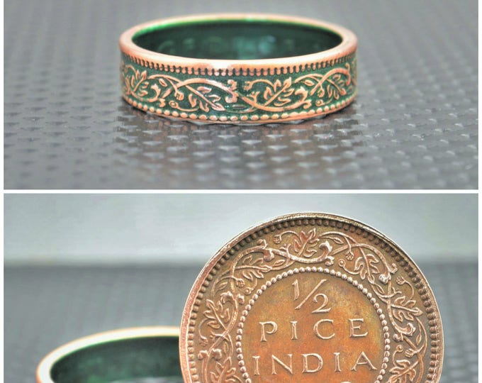 Green Wreath Coin Ring, India-British Coin, Green Ring, Coin Ring, Bronze Ring,Unique BoHo Ring,Dainty Ring,Womens Coin Ring,8th anniversary