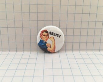 rosie the riveter pin, resist pin, 1 inch pin back button