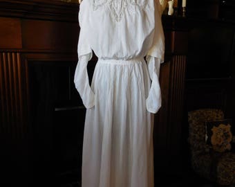 Antique Edwardian white cotton lawn summer tea gown dress lace insertions size small