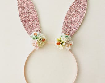 Bunny Headband - Pink Bunny Ears - Rabbit Ears Headband - Floral Crown - Easter Headband Item #014