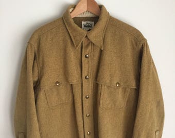 SUMMER SALE Vintage Woolrich Tan Wool Shirt Jacket Coat XL Snap Front, 1950s/60s