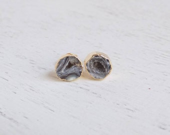 Gray Geode Stud Earrings, Round Druzy Earrings, Gemstone Earrings, Natural Geode Studs, Drussy, Small Stone Posts Gold, Gift For Her, G4-71