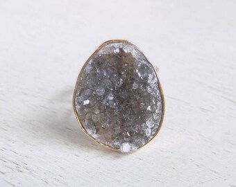 Druzy Ring, Natural Druzy Ring, Gray Druzy Ring, Large Crystal Ring, Boho Ring, Adjustable Ring, Gold Statement Ring, Christmas Gift, G3-34