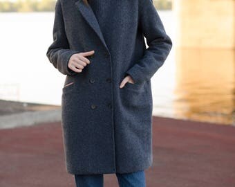 Gray and blue coat with pink collar