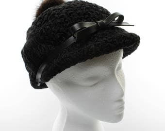 Vintage Women’s Black Persian Lamb Cap with Black Leather Band/Bow and Fur Button