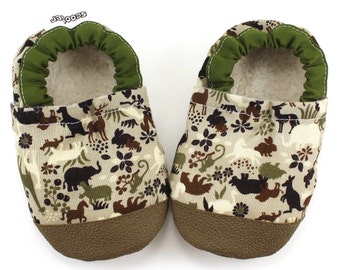 animal baby shoes safari booties zoo animal shoes rubber sole shoes soft sole shoes vegan baby animal booties boy green and brown booties