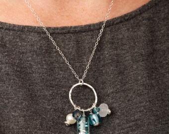 Blue lampwork bead and fresh water pearl cluster pendant - Bead charm pendant - Occassion necklace - Gift for her - June Birthstone