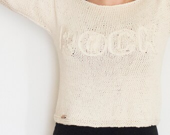 Hand knitted spring and summer sweater, cotton boho knitwear large boat neckline, choose color and word, mod. CILIEGIO