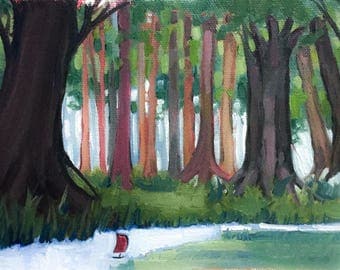 Original Oil Painting, Boat, River, Trees, Forest, Fantasy, Small, Small Landscape, Small Oil, Sale, Child, Nursery, Gift