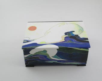 Tea chest, Art Nouveau, tea bag box, decorative box, table decor, blue, green. orange and white, made to order