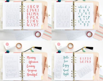 5 STENCILS Bullet Journal Stencil Bujo Starter Kit day time Cursive Letter Alphabet Calligraphy Fits any Planner agenda accessories •Set 07A