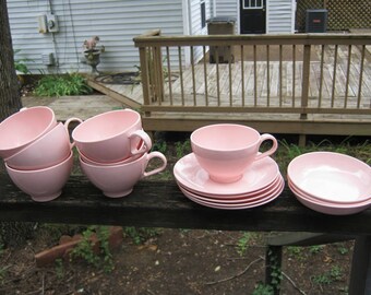 Pink Melamine Dishes, 15 Pieces of Malibu Ware, 7 Cups, 5 Saucers, 3 Small Bowls, 1960's Dinnerware, Unbreakable Dishes, Vintage Kitchenware