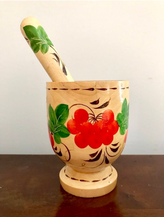 Wooden Floral Mortar and Pestle Hand Painted Red Flower