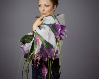 Shawl with flowers / Wrap / silk shawl / Nuno felting / Handmade felted shawl / Merino wool / Wool Scarf / Made to order/ Free shipping.
