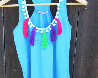 Tassel top, fringed top boho top , haut franges couleurs Débardeur