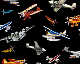 Aviation Fabric / Planes on Black Fabric by the yard / Airplane Fabric, Quilting Treasures 24753 Black / Airplane Fat Quarters and Yardage