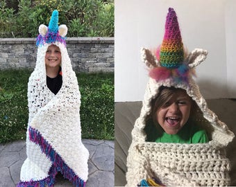 Unicorn blanket, Unicorn throw, Unicorn wrap, Unicorn lap blanket, Unicorn hooded blanket, Blanket with hood, Unicorn crochet blanket