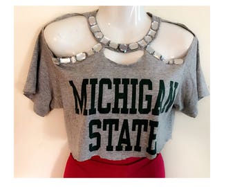 Reworked Upcycled Embellished Michigan State University Crop Top