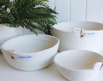 Leather detail stitched rope bowl // Storage Basket // Gift // Homewares // Key Bowl // Jewellery Basket // Storage // Leather