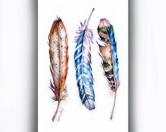 Original Feather Watercolor Painting, Colorful Wall Art, Whimsical Feather Collection, Feather Illustration, Small Feather Art, Home Decor