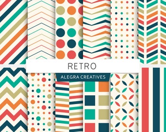 Retro digital paper, stripes, dots, chevron, polka dot, geometric, patterns, scrapbook papers (Instant Download)