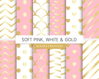 Soft Pink, White & Gold digital paper, light pink and gold, white and gold, gold wedding, scrapbook papers (Instant Download)