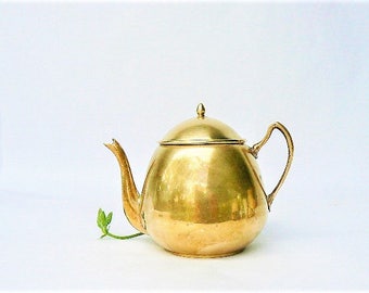 Vintage Small Solid Brass Tea Pot - Gorgeous Little Golden Color Teapot, Gooseneck Style Spout - Smaller Size For 1 / Tea time for Kids 4x5"