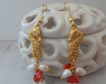 Seahorse earrings with coral