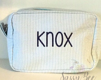 Monogram bag, Aqua Seersucker bag, Makeup bag, cosmetic bag, cosmetic monogram bag, monogrammed bag, initial bag, seersucker bag