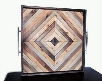 Large Ottoman Tray, 24", Wooden Serving Tray, Square Ottoman Tray, Sofa Tray, Rustic Wood Tray, Breakfast, Reclaimed Wood, Geometric tray