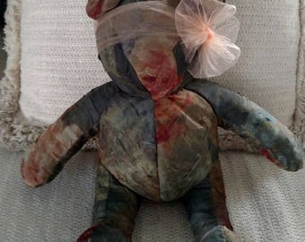 Fully Lined, Forest Green, Burnt Orange withTulle Headband, Homemade Bear, Decorator Bear, 10" tall