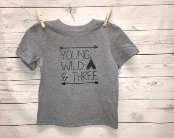 Three Shirt, Birthday Boy Shirt, Teepee Shirt, Wild and Three Shirt, birthday boy, tops, boy clothing, toddler boy shirt, birthday shirt,