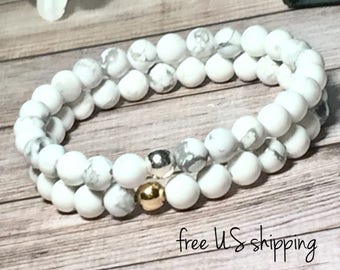 White Howlite Beaded Bracelet, Beaded Bracelets for Women, Bead Bracelet Women, Womens, Silver, Gold, DreamCuff, Free Shipping Jewelry