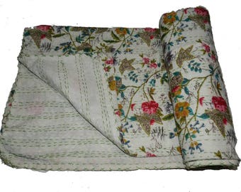 Cotton Bird Printed Queen Kantha Quilt Hand Stitch Kantha Bedspread ,Handmade Stitch Kantha Quilt
