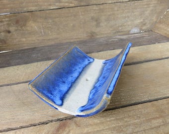 Handmade Ceramic Soap Dish, Stoneware Soap Dish, Pottery Soap Dish, White Soap Dish,Bathroom, Ceramic, Handmade, White and Blue