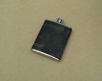 6oz Hip Flask - Stainless Steel - Black Leather Covering - Distressed/Worn/Shabby Chic - Vintage Stainless Steel