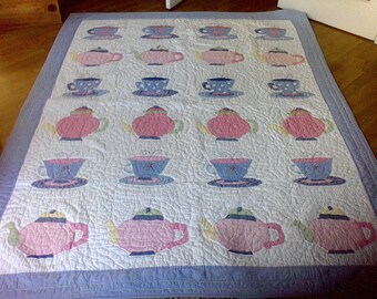Handmade quilt , 100 percent cotton, hand quilted quilted , Appliqued, tea cups, tea pots,68x86