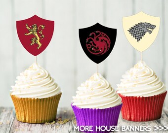 Game of Thrones Cupcake Toppers - House Banners - Stark - Lannister- Targaryen - Greyjoy - Tyrell - Baratheon - Party Decorations