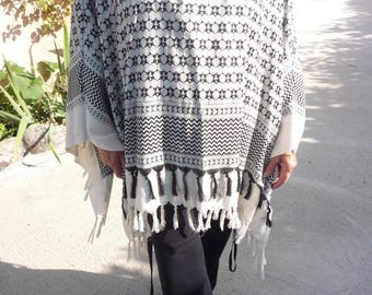 Black and white fringe poncho Cape