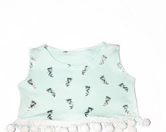 Mermaid Pom Pom Crop Top | mermaid top, kids top, toddler top, crop top, kids crop, pom poms, mermaid, summer top, mermaid crop top, pom top