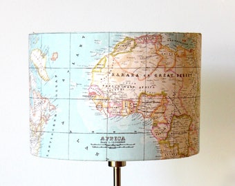 Globe Lampshade, world map atlas lamp, vintage globe print, Study Fathers day Globe trotter, light blue beige pastel colors