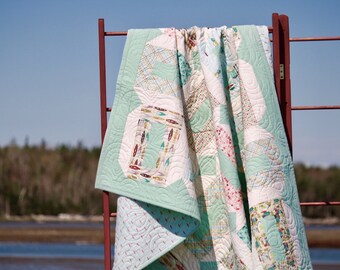 Homemade Quilt On the Boardwalk 42X52 Modern Nautical Quilt | Large Sofa Throw | Pastel | Beach | Sailboat | Ocean | Muted Shade