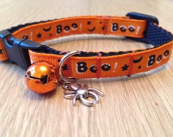 Halloween orange 'Boo!' Cat/Kitten Safety Breakaway Collar (Quick Release) with Charm and bell options