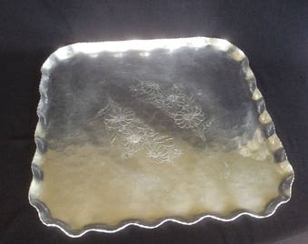 Vintage Hand Wrought Aluminum Serving Tray with Ruffle Edge