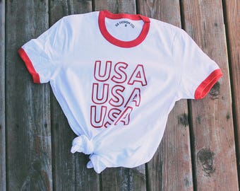 USA Tee - USA Ringer T-shirt - Patriotic Shirt - USA Shirt - America - Merica - Patriotic - Red White and Blue - Fourth of July
