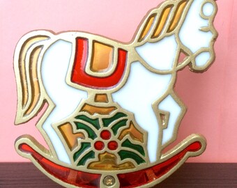 Cast Iron Horse Candleholder, Stained Glass Horse, Christmas Rocking Horse Candleholder, Colored Glass Candleholder, Holiday Mantle Decor